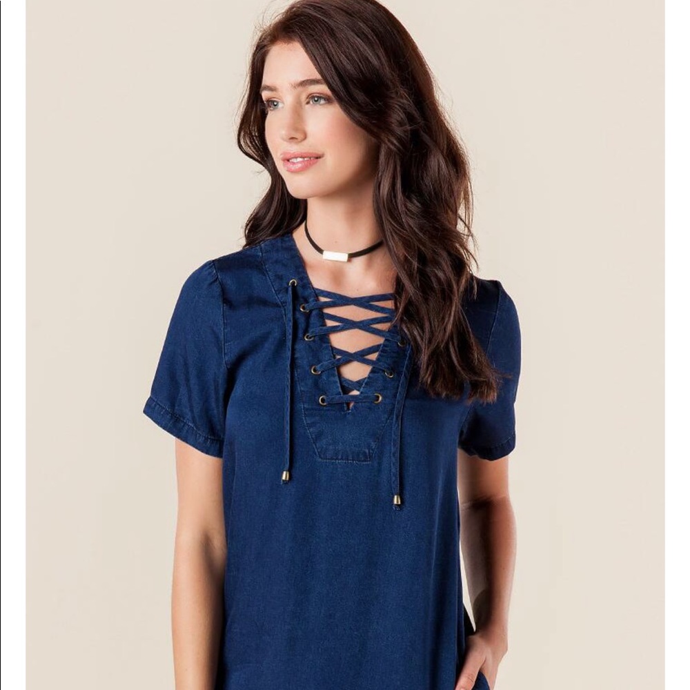 Chambray Rikki Lace-Up Shift Dress